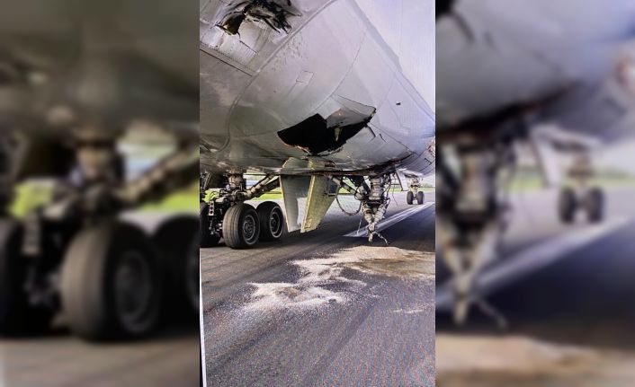 Acil iniş yapan kargo uçağının iniş takımı koptu