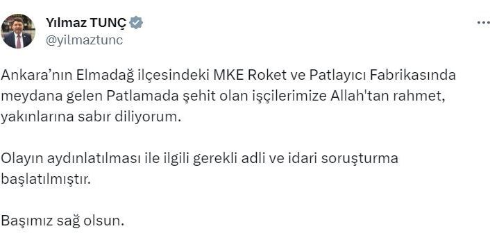 Adalet Bakanı Tunç: "MKE Roket ve Patlayıcı Fabrikasında meydana gelen olayın aydınlatılması ile ilgili gerekli adli ve idari soruşturma başlatılmıştır"