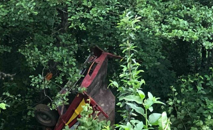 Şarampole yuvarlanan kamyon ağaçta asılı kaldı: 1 yaralı