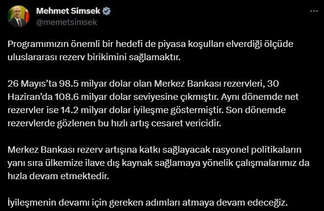 Bakan Şimşek: “Bir aylık dönemde Merkez Bankası rezervleri 10 milyar dolar arttı”
