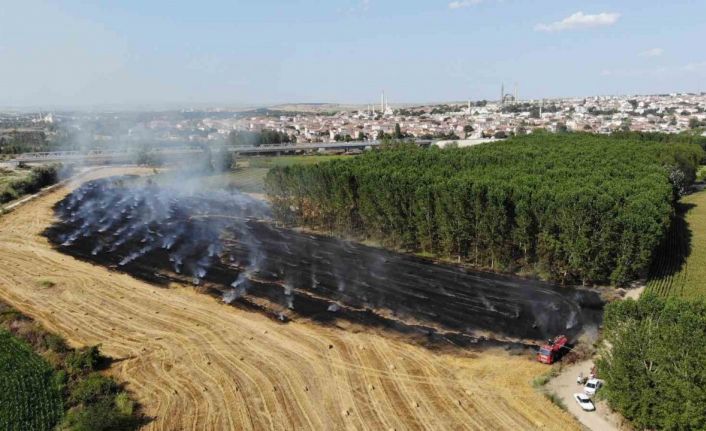 Edirne’de tarlada çıkan yangında 250 saman balyası küle döndü