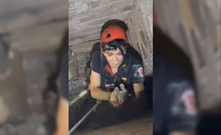 İtfaiye eri iple indi, yavru kedi mahsur kaldığı yerden böyle kurtarıldı