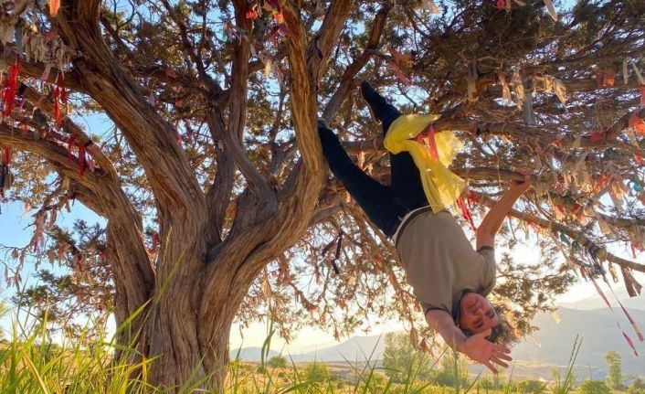 Profesörden orman yangınlarına karşı ilginç eylem: Dilek ağacına çaput yerine kendini bağladı