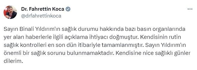 Sağlık Bakanı Koca: “Binali Yıldırım’ın önemli bir sağlık sorunu bulunmamaktadır”