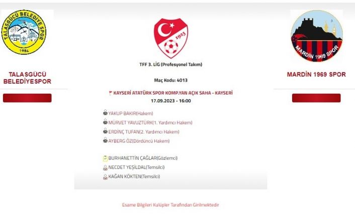 Talasgücü Belediyespor-Mardin 1969 Spor maçını Yakup Bakır yönetecek