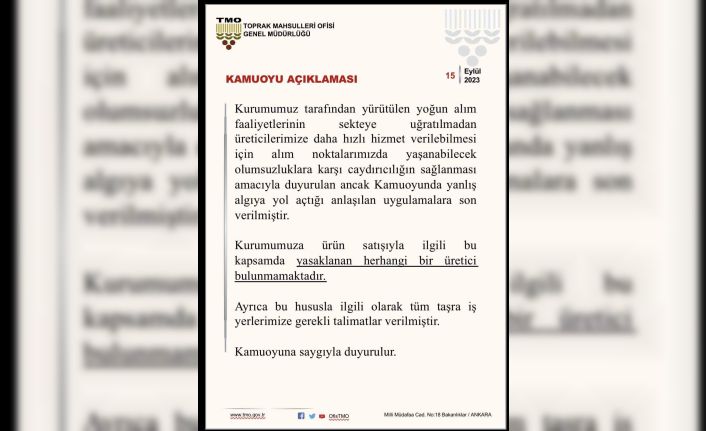 TMO, ’yasaklı üretici’ uygulamasına son verdi