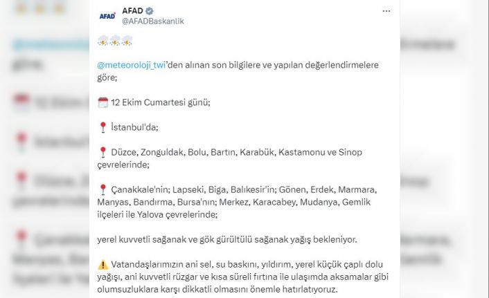 AFAD’dan 12 il için sağanak yağış uyarısı
