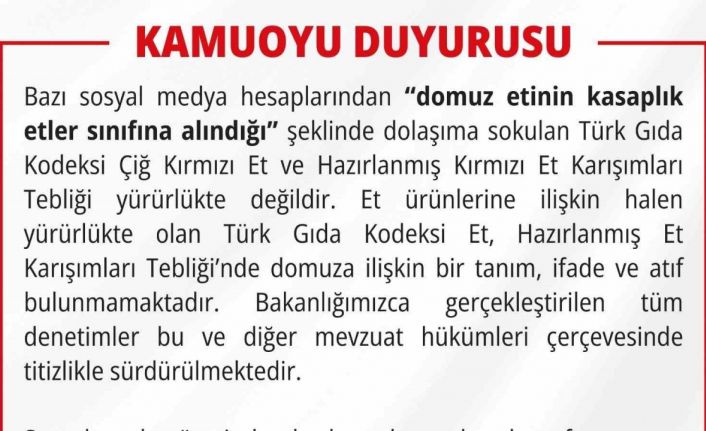 Gıda ve Kontrol Genel Müdürlüğü domuz etinin kasaplık etler sınıfına alındığı yönündeki iddiaları yalanladı