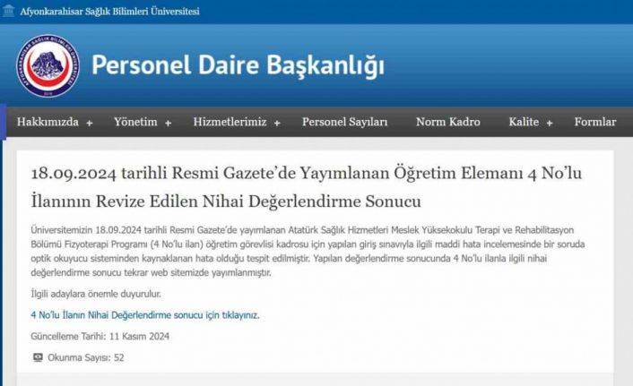 Bölüm başkanının eşi iddiaya göre iki defa okunan sınavda 100 puan alıp 10 kişinin önüne geçip, işe başladı