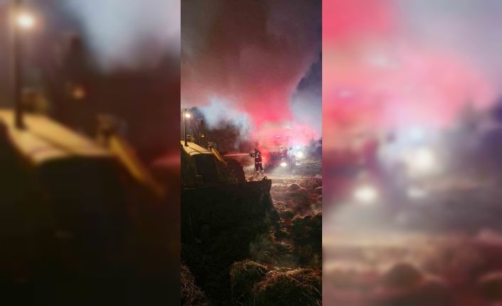 Gece saatlerinde çıkan yangında 6 buzağı telef oldu, 500 saman balyası yandı