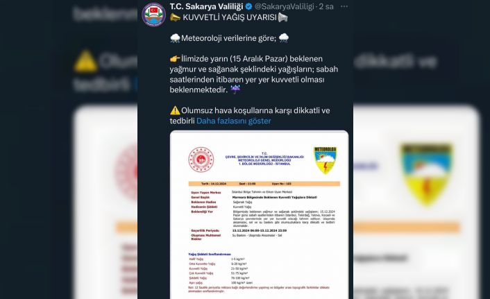 Sakarya’da kuvvetli yağış uyarısı