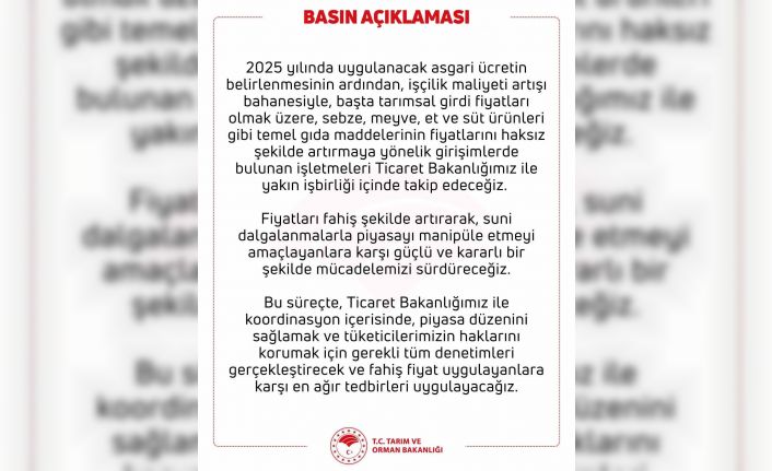 Tarım ve Orman Bakanlığı: "Suni dalgalanmalarla piyasayı manipüle etmeyi amaçlayanlara karşı mücadelemizi sürdüreceğiz"