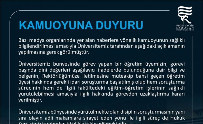 RTEÜ’den İslamiyet’i aşağılayıcı ifadeler kullandığı iddia edilen akademisyen görevden uzaklaştırıldı