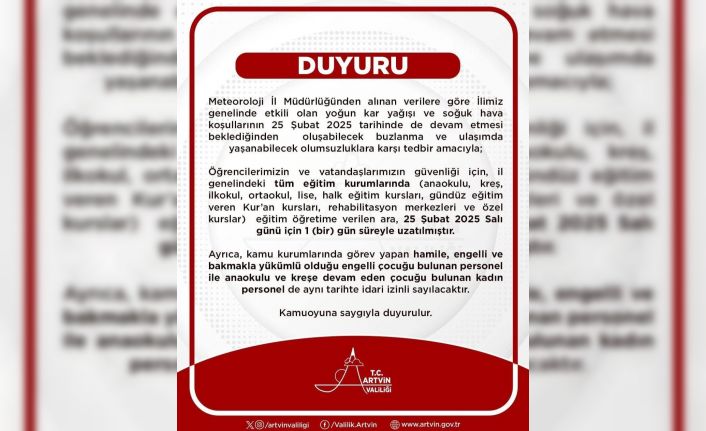 Artvin’de kar tatili uzatıldı