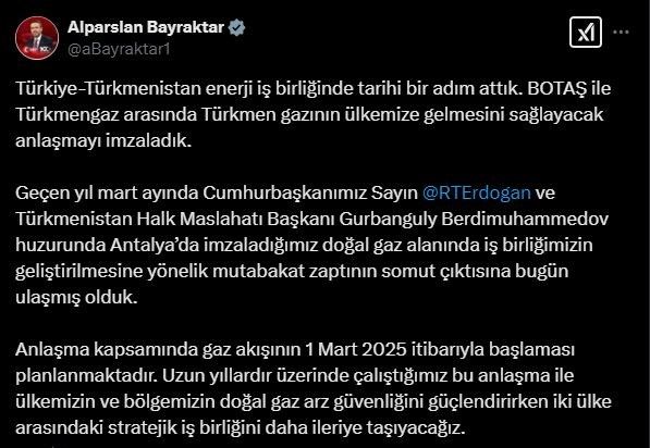 Bakan Bayraktar: "Türkiye-Türkmenistan enerji iş birliğinde tarihi bir adım attık"