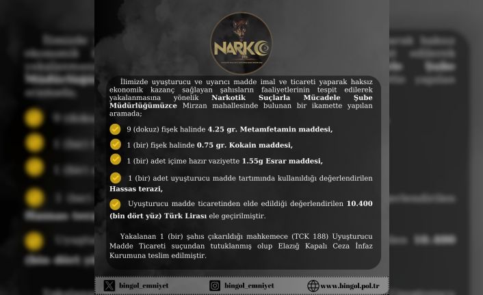 Bingöl’de uyuşturucu operasyonu: 1 tutuklama