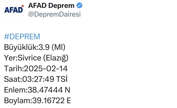 Elazığ’da 3.9 büyüklüğünde deprem