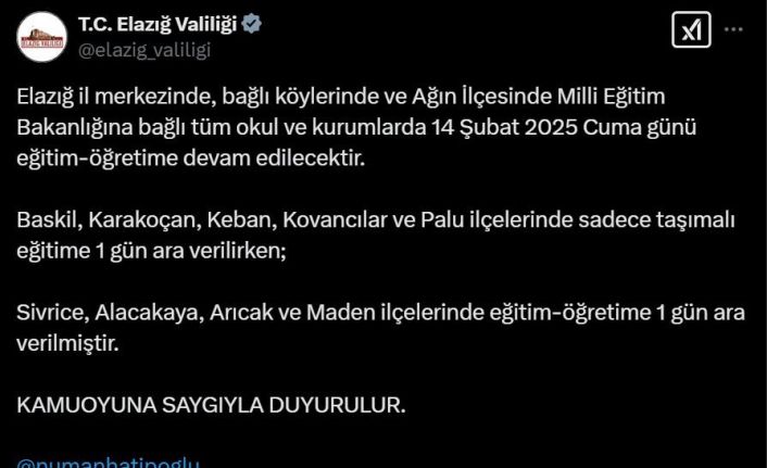 Elazığ’ın 4 ilçesinde eğitime ara verildi