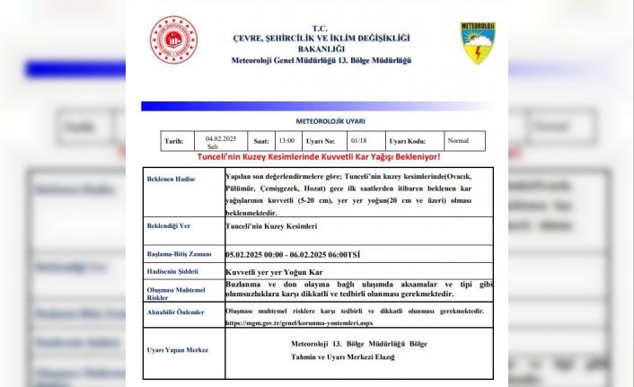 Meteoroloji’nden Tunceli için kuvvetli kar yağışı uyarısı
