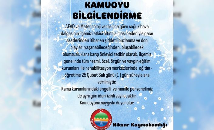 Niksar’da olumsuz hava şartları nedeniyle eğitime 1 gün ara