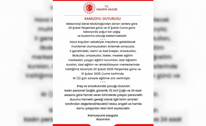 Sakarya’da kar sebebiyle eğitime 2 günlük ara