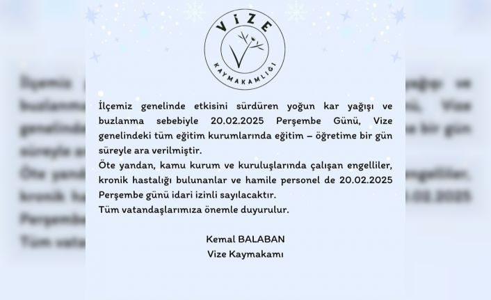 Vize’de okullar kar sebebiyle tatil edildi