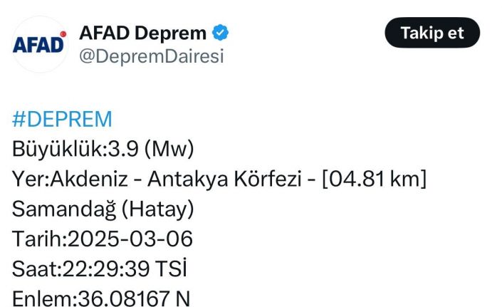 Hatay’da 3.9 büyüklüğünde deprem
