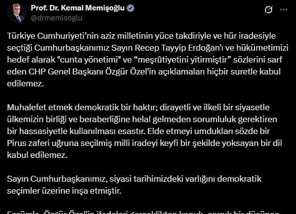 Bakan Memişoğlu’ndan Cumhurbaşkanını ve hükümeti hedef alan CHP Genel Başkanı Özel’e tepki