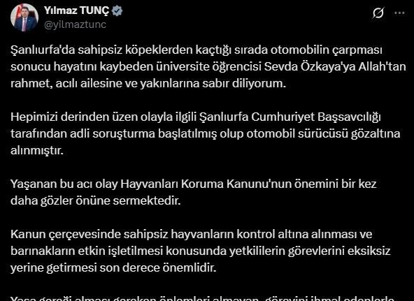 Bakan Tunç’tan Şanlıurfa’da sahipsiz köpeklerden kaçarken ölen kızın ailesine başsağlığı mesajı