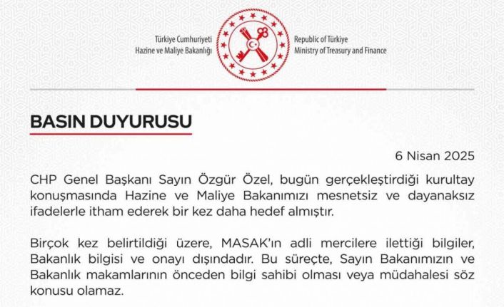 CHP Genel Başkanı Özel’in iddialarına Hazine ve Maliye Bakanlığı’ndan tepki