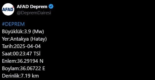 Hatay’da 3.9 büyüklüğünde deprem