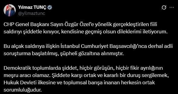 Bakan Tunç: "CHP Genel Başkanı Özgür Özel’e geçmiş olsun dileklerimi iletiyorum"