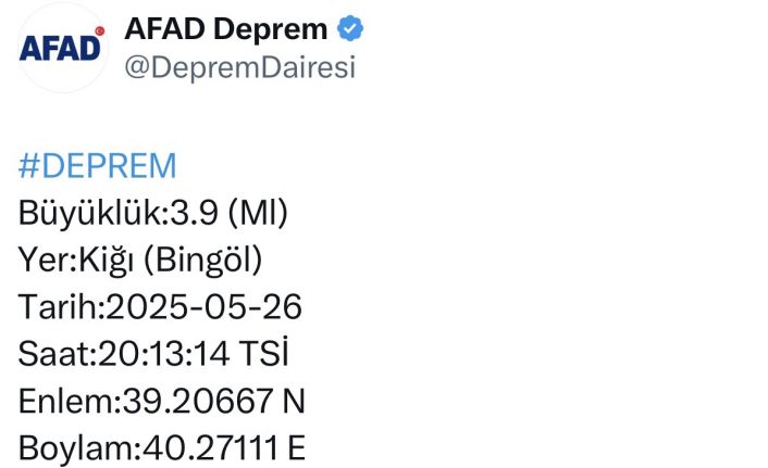 Bingöl’de 3.9 büyüklüğünde deprem
