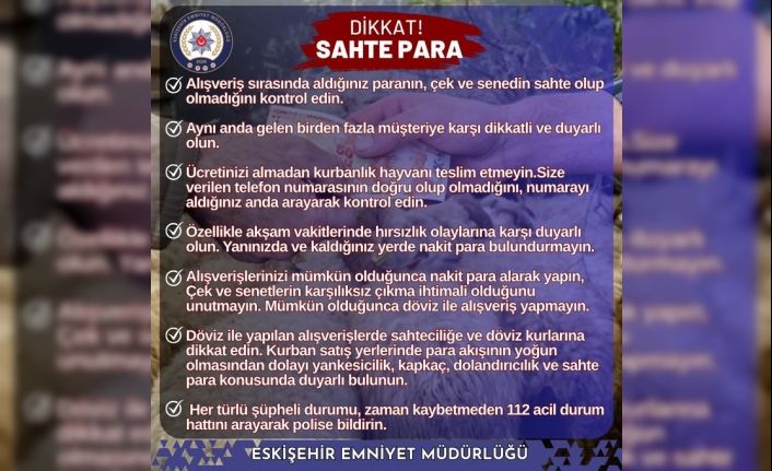 Eskişehir Emniyet Müdürlüğü’nden kurban alışverişlerinde dolandırıcılığa karşı uyarı