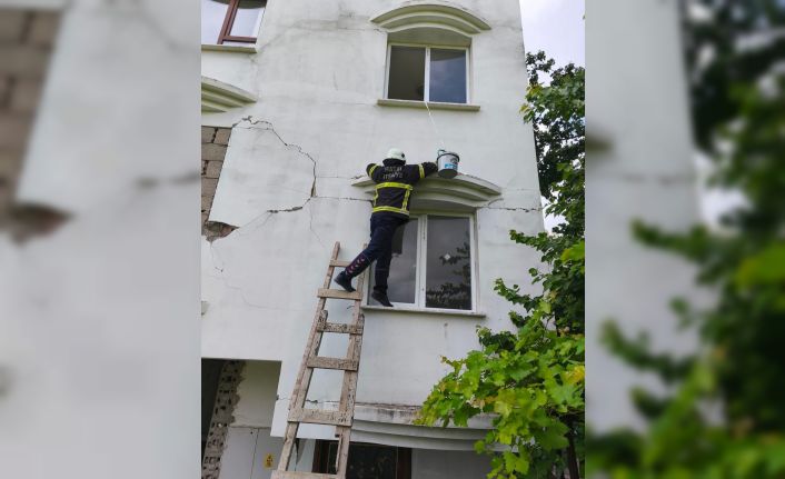 Hasarlı binada kedi kurtarma operasyonu