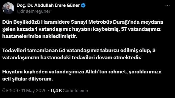 İl Sağlık Müdürü Güner: "Metrobüs kazasında 1 vatandaşımız hayatını kaybetti, 57 vatandaşımız yaralandı"
