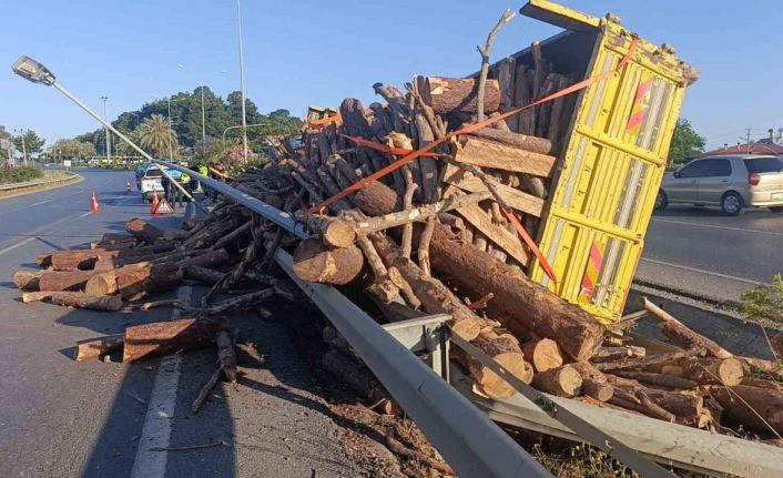 Tomruk yüklü kamyon bariyerleri aşıp refüje devrildi