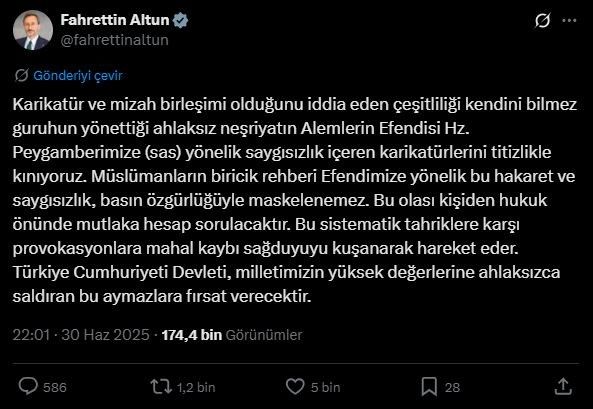 Fahrettin Altun: "Peygamberimize yönelik saygısızlık içeren karikatürleri şiddetle kınıyoruz"