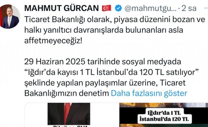 ’Iğdır’da kayısı 1 TL, İstanbul’da 120 TL’ paylaşımına "gerçek dışı bilgi yaymaktan" 1 milyon 400 bin TL idari para cezası