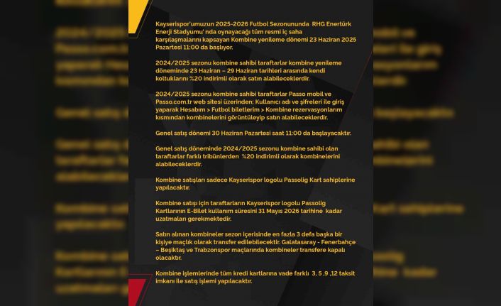 Kayserispor, kombine bilet fiyatlarını belirledi