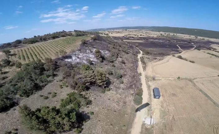 Keşan’da söndürülen yangının zarar verdiği alan havadan görüntülendi