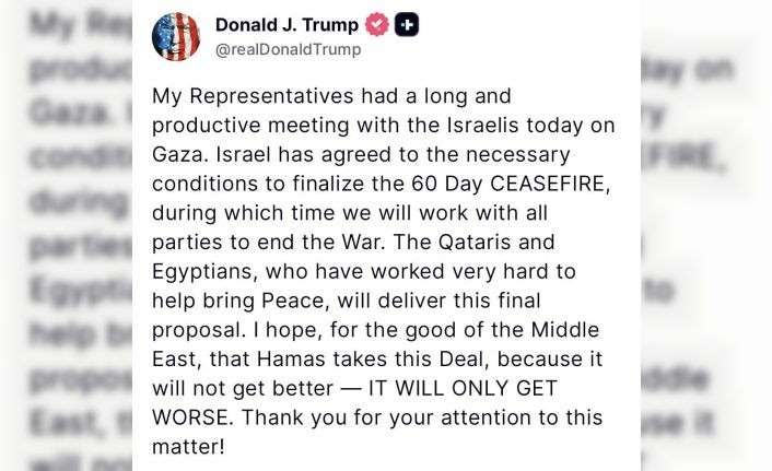ABD Başkanı Trump’tan Gazze’de ateşkes açıklaması: "İsrail 60 günlük ateşkese dair koşulları kabul etti"