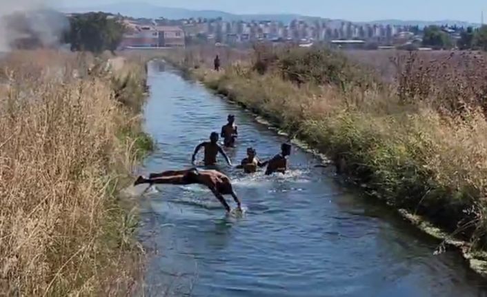 Çifte tehlike: Yangına rağmen su kanalındaki oyunlarını bozmadılar