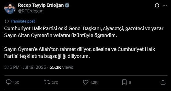 Cumhurbaşkanı Erdoğan’dan Altan Öymen için taziye mesajı
