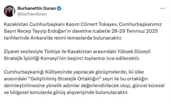 Kazakistan Cumhurbaşkanı Tokayev, Türkiye’ye geliyor