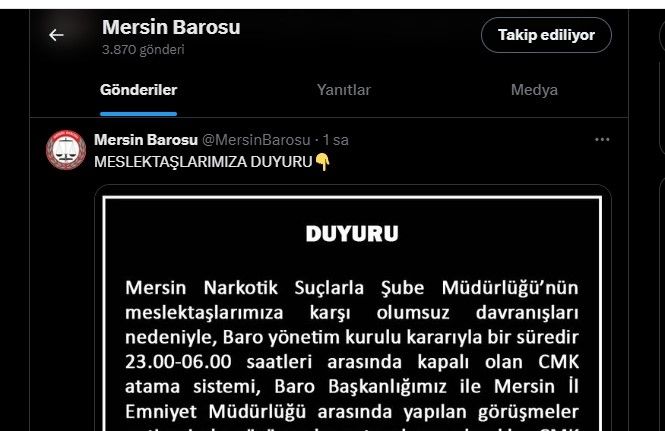 Mersin Barosu, CMK atama sistemini yeniden açtığını duyurdu