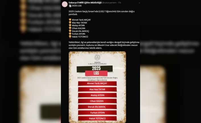 Sakarya’da 7 öğrenci 500 tam puan alarak LGS’de Türkiye birincisi oldu