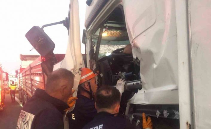 TEM’de kamyon tıra arkadan çarptı: Yaralı sürücü sıkıştı