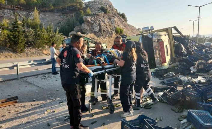 Virajı alamayan sebze yüklü kamyon refüje devrildi: 1 yaralı