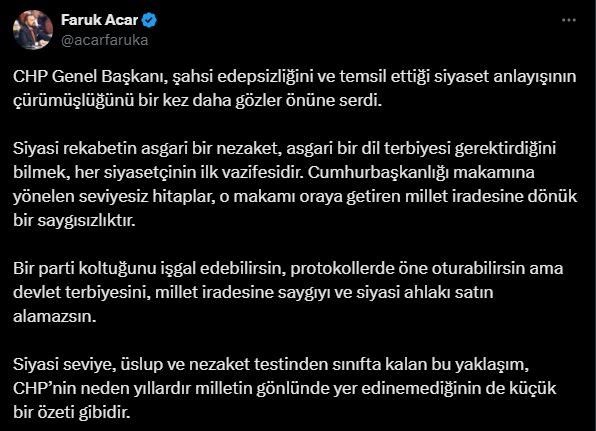AK Parti Genel Başkan Yardımcısı Acar: "CHP Genel Başkanı, şahsi edepsizliğini bir kez daha gözler önüne serdi"
